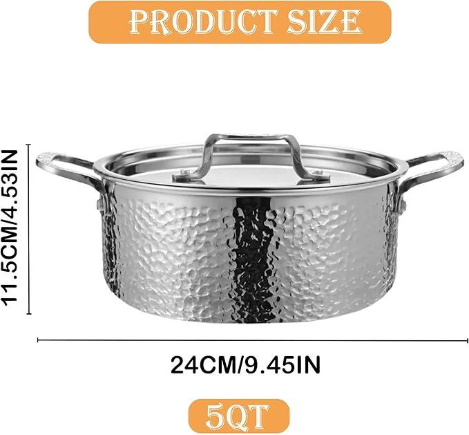 Vivicreate Tri-Ply Stainless Steel Stockpot – Deep Cooking Pot with Hammered Exterior, Compatible with All Stovetops, Even Heat Distribution, Durable Cookware for Soups, Stews, and More(5QT)