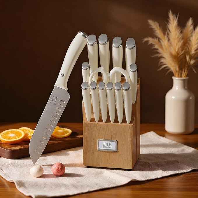 Premium Sharp Knife Set High Carbon Stainless Steel Forged Sharp Knives Set for Kitchen Rivet Ergonomic Handle Hundreds of Years of Masterful Craftsmanship(Ivory,15PCS)