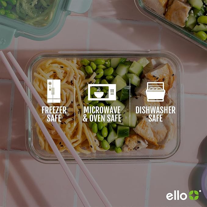 Ello Color Lock 7 Cup 4PC, 2 Pack Glass Meal Prep Sets Leak-Proof Glass Food Storage Containers with Airtight BPA-Free Plastic Lids, Dishwasher, Microwave, and Freezer Safe, Purple Rain