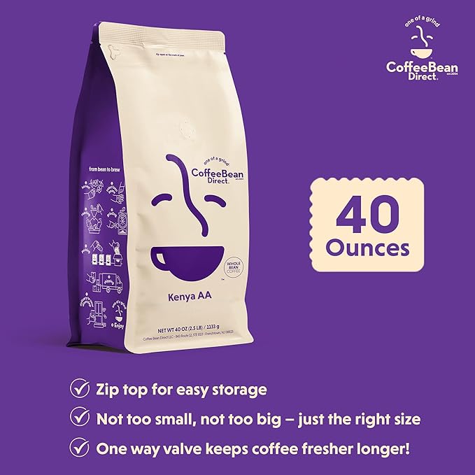 Coffee Bean Direct Kenya AA, Whole Bean Coffee, Light Roast, 2.5 Pound Bag (Pack of 1)
