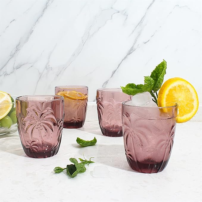 M&N HOME Colored Whiskey Glasses, Set of 4 Colorful Drinking Glasses, 9 Oz Coconut Cups, Glass Tumblers, Glass Cups for Water and Juice, Tiki Cups, Tropical Themed Glassware Set - PURPLE SET