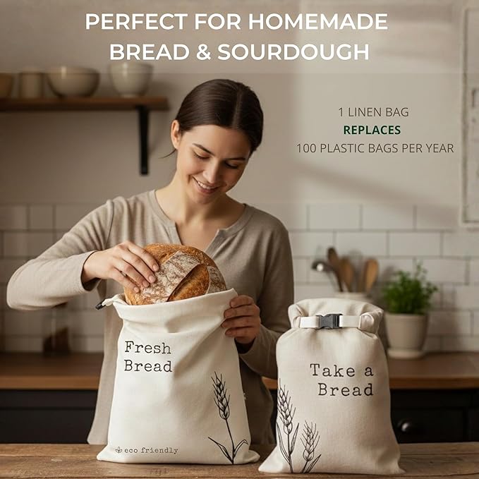 Bread Bags for Homemade Bread - 2 Pack XXL Cloth Bread Bags with Lining and Double Lock, Reusable Freezer Bags, Durable Bread Storage Bags, Reusable Gift Bags for sourdough