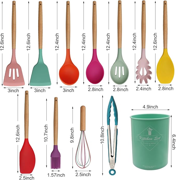 Kitchen Utensils Set of 12, Silicone Cooking Utensils with Non-Slip Wooden Handle and Organizer Bucket, 446°F Heat Resistant Cookware Utensils Set (Assorted Colors-Upgraded)