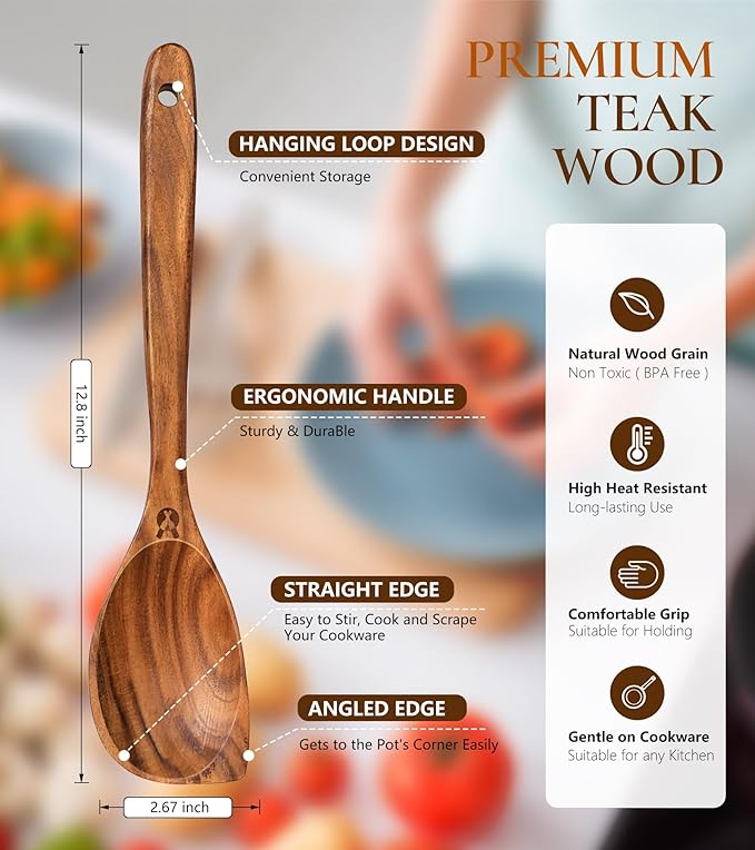 Wooden Spoons for Cooking, Natural Premium Teak Wood Corner Spoon, Good Grip Large Wooden Spoons & Wooden Spatula, Heat Resistant Wooden Cooking Utensils for Nonstick Cookware Cooking Gift - Left Hand