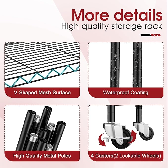 3 Pack Rolling 6-Tier Space-Saving Garage Wire Rack Shelving, 14"D x 24"W x 71"H Adjustable Metal Shelving with Wheels, 750 lbs Capacity Heavy Duty Storage Shelves for Garage, Closet & Kitchen, Black