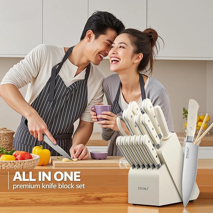 TIVOLI Knife Block Set, 15 PCS Kitchen Knife Set with Block & Sharpener Steel & Kitchen Scissor, High Carbon Stainless Steel Cutlery Knife Set, Ergonomic Wood Handle, Gifts For Cooks, Cream White
