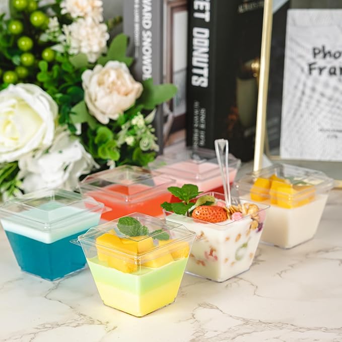 100 Pack 4 oz Mini Dessert Cups with Spoons and Lids, Clear Square Dessert Bowls Small Plastic Parfait Cups Appetizer Cups for Wedding Party