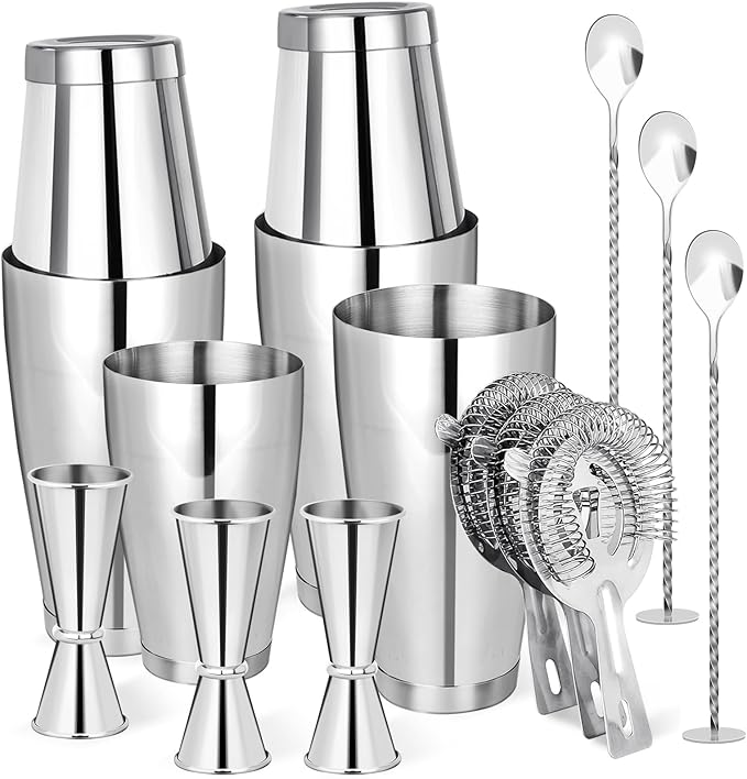 Cocktail Shaker Boston Shaker Set 15 Pcs Professional Bartender Kit Bar Shaker Stainless Steel Drink Shaker Bartending Martini Shaker Tin with 18oz&28oz Mixed Alcohol Shaker Tool for Beginner(Silver)
