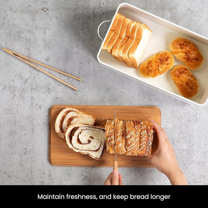 Talented Kitchen Countertop Bread Box - White Metal, Airtight Storage Container with Wood Cutting Board Lid & Side Handles - Wood Tongs Included - Bread Storage Container for Kitchen Organization
