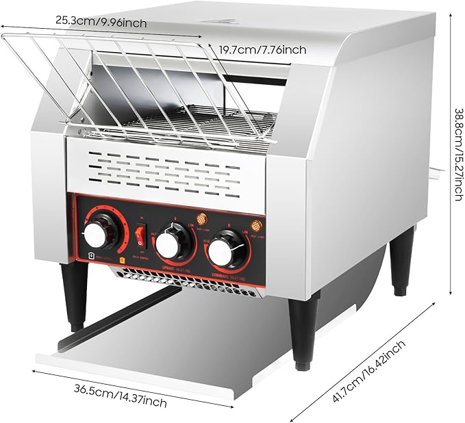 300 Slices/Hour Commercial Conveyor Toaster, Stainless Steel Bread Toaster with 1-7 Levels Adjustable Speed & Temperature Control for Coffee Shops, Bakeries 16.42 * 14.37 * 15.27 Inch