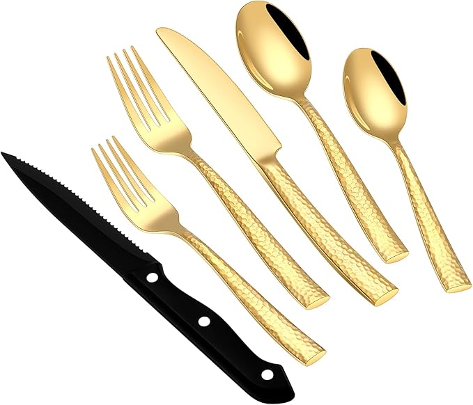 Stapava 48 Pc Gold Hammered Silverware Set with Steak Knives, Stainless Steel Gold Utensils Cutlery for 8, Mirror Flatware Include Forks, Spoons and Knives for Home, Hotel; Dishwasher Safe