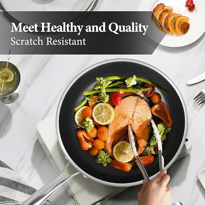 Non Stick 12-Inch Pan, Titanium Hybrid Pan with Lid, Stay-Cool Handle, Professional Frying Pan, Dishwasher Friendly, Oven Safe, Compatible with All Cooktop