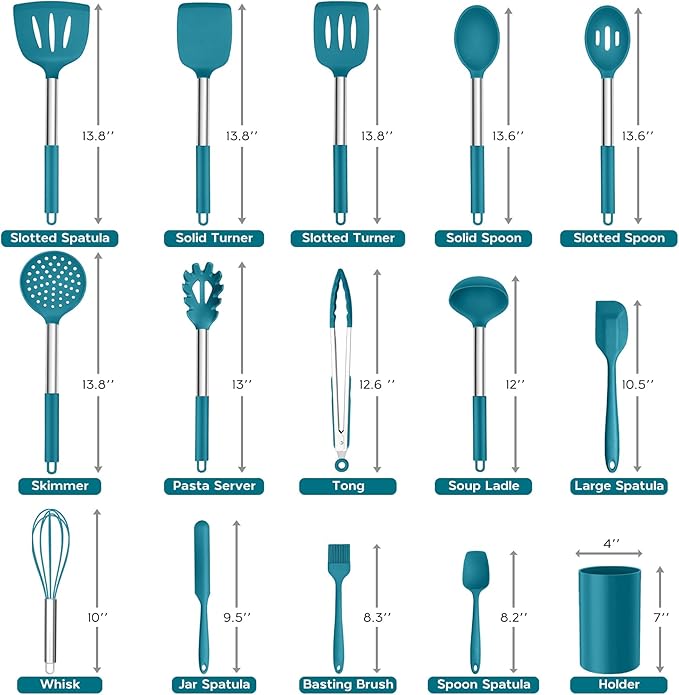 15pcs Kitchen Cooking Utensils Set with Holder, Onader Heat Resistant Silicone Kitchen Utensils Spatula Set with Stainless Steel Handle - Blue