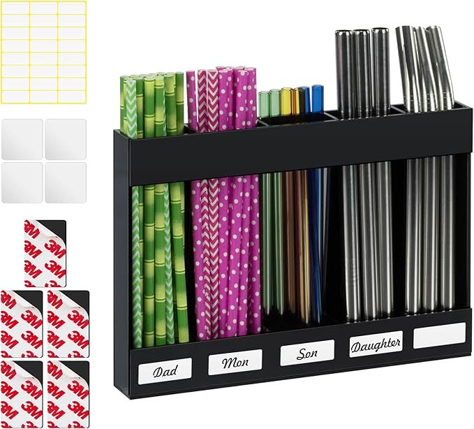 Upgraded Acrylic Straw Holder for Cabinet Door, Fridge & Countertop–Magnetic/Adhesive Dual Mount, Strong Hold, Space-Saving Straw Organizer with Adhesive Tape, Magnetic Sheet