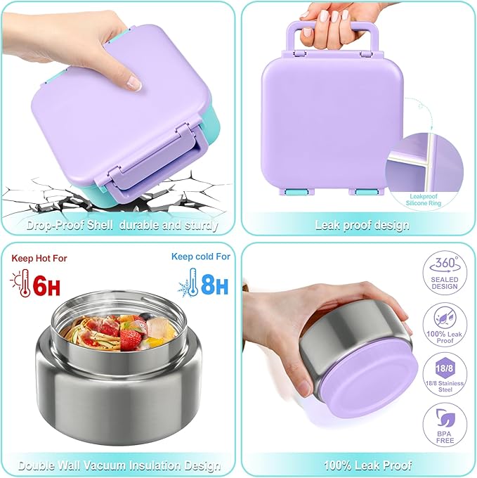 Kids Bento Lunch Box with 9oz Soup Thermo Leakproof Lunch Food Containers 4 Compartment with Insulated Hot Food Jar for Kid Toddler Girls Boys to School, Trvael