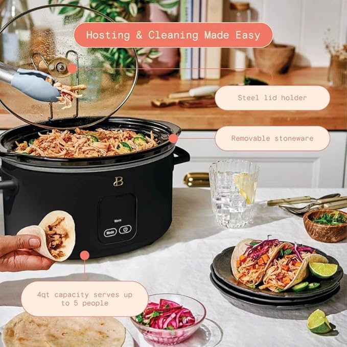 Beautiful by Drew Barrymore 4Qt Slow Cooker, Touch-Activated Display, 4 Presets, Auto Warm, Dishwasher-Safe Pot. (Black)