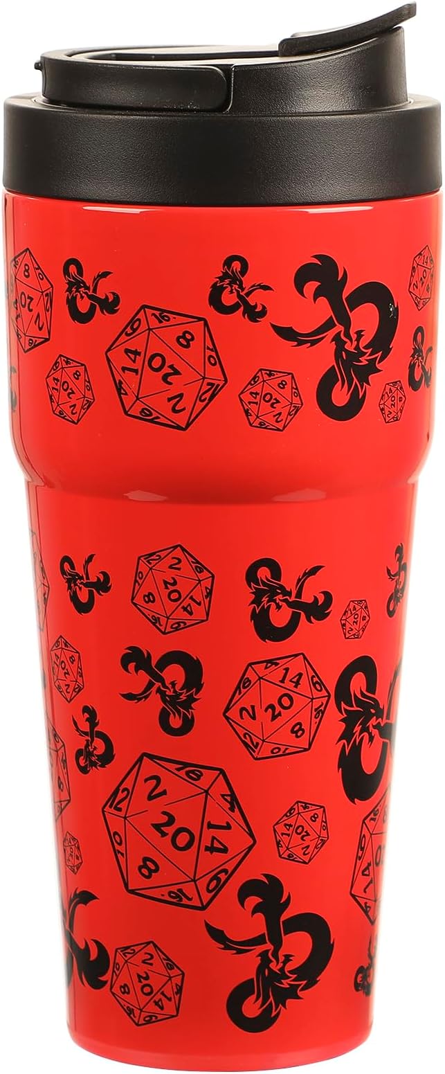 Bioworld Dungeons & Dragons D20 Dice & Logo Red 27 Oz Stainless Steel Travel Coffee Tumbler