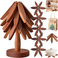 Natural Tree Trivet Set 4 Wooden Trivets and 1 Stand Like a Christmas Tree Wooden Hot Pads Heat Resistant Trivets for Kitchen Table Decor (Walnut-5 Piece)