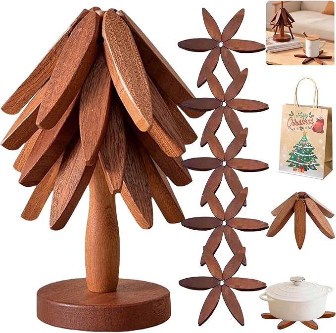 Natural Tree Trivet Set 4 Wooden Trivets and 1 Stand Like a Christmas Tree Wooden Hot Pads Heat Resistant Trivets for Kitchen Table Decor (Walnut-5 Piece)
