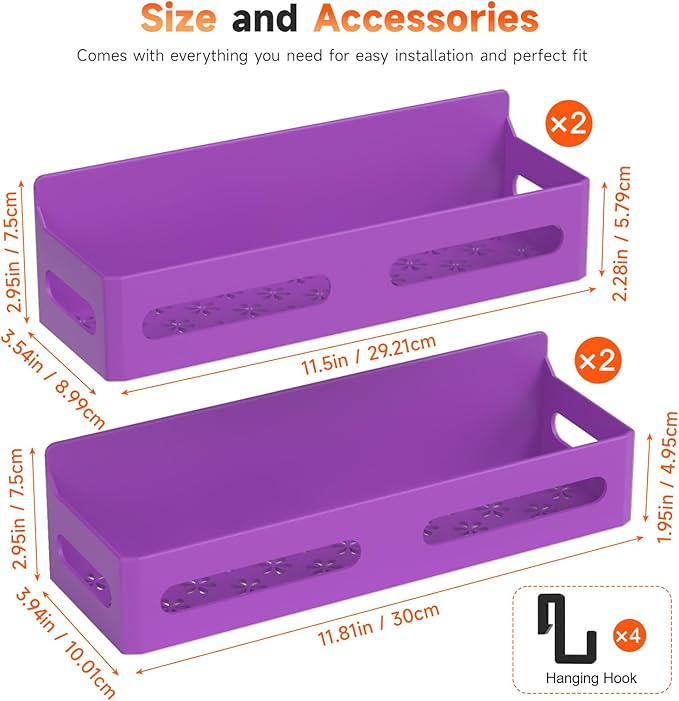 4 Pack Magnetic Spice Rack for Refrigerator, Spice Rack Organizer, Moveable Magnetic Shelf Fridge Organizer with 4 Hooks for Kitchen and Oven Organization, Purple