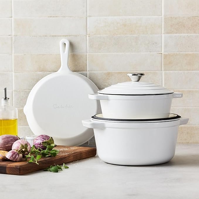 Sur La Table Enameled Cast Iron Cookware Set – Includes 5-Qt & 2.5-Qt Dutch Ovens with Lids and 10" Skillet, Oven to 500°F, Induction Compatible, Essential Starter Gift Set, White