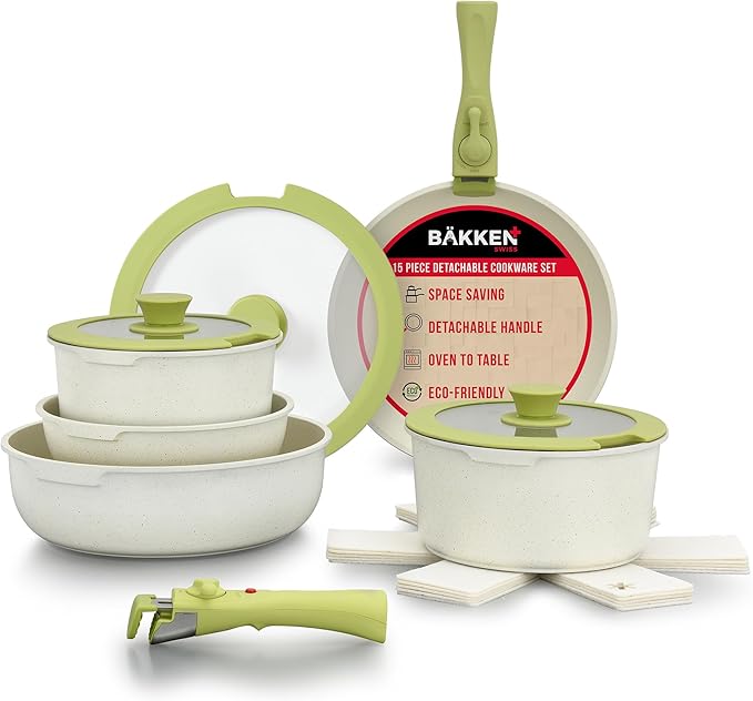 Bakken 15-Piece Non-Stick Cookware Set with Detachable Handles – Granite Stackable Pots and Pans Set, Dish Washer Safe, Oven-Safe, and Compatible Kitchen Essential for All Stoves – Green/Cream