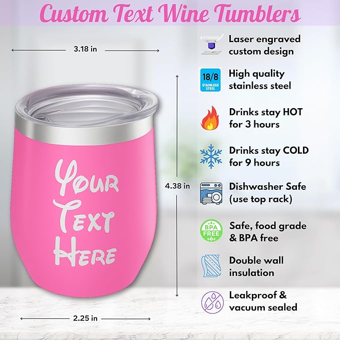 Gifts Inscribed Personalized Wine Tumbler with Lid – Pink Custom Text Engraved Stainless Steel Insulated Mug for Hot & Cold Drinks – Customized Bridesmaid, Wedding, or Birthday Gift