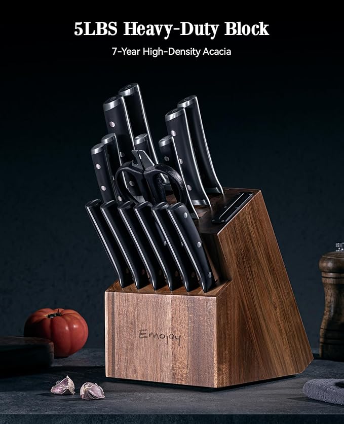 Emojoy Knife Set, Kitchen Knife Set with Block – 17 PCS German Titanium Steel Knives with Heavy-Duty Acacia Wood Block and Built-in Sharpener for Home Cooking, Dishwasher Safe