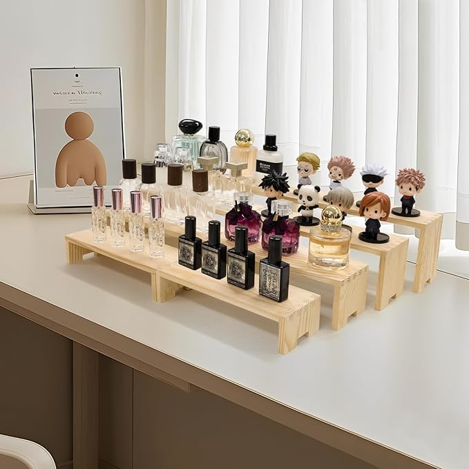 Large Display Wood Risers Wooden Stand 4 Tier Wood Racks, 2 Set 8 Pieces Cupcake Stands Cologne Perfume Organizer Dessert Stands for Vendors Event