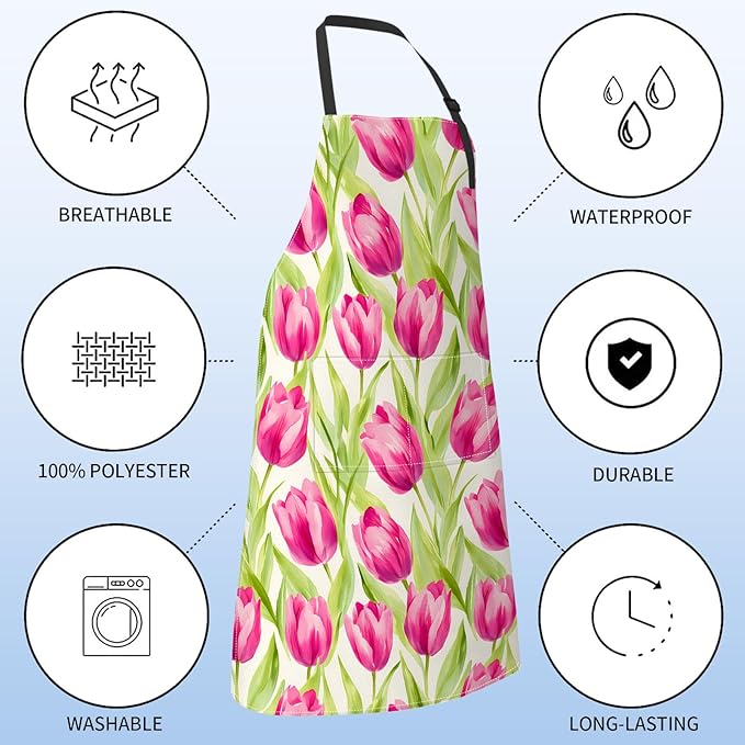 Floral Apron for Women with Pink Tulip,28x33in,Spring Garden Kitchen Aprons with 2 Pockets, Oxford Fabric,Flower Adjustable Apron for Cooking Baking Gardening Chef,Gifts for Mom Wife