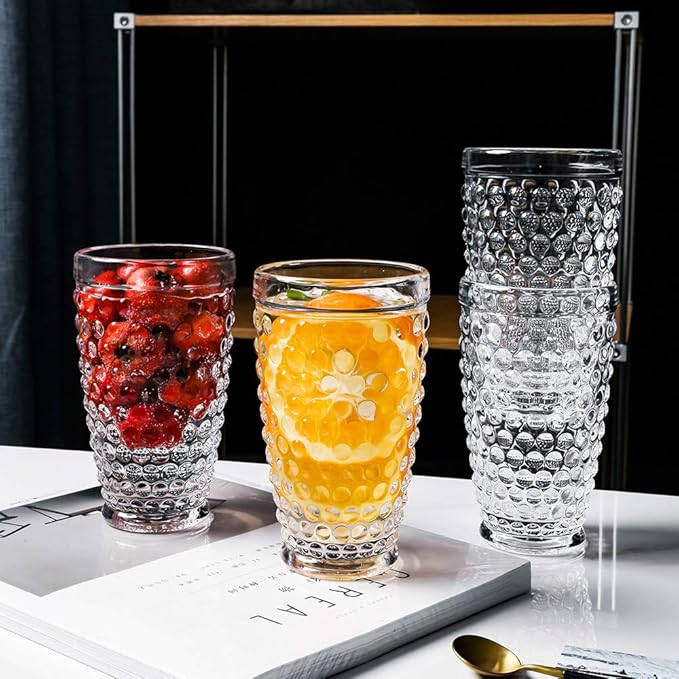 G Hobnail Glassware 6 Set Old Fashioned Iced Beverage Drinking Glasses, 13.3 oz Premium Tall Highball Water Glasses Cups For Juice Cocktail Mojito Wine,Beer, Tea, Mixed Drinkware,Parties Restaurants