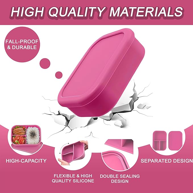 Silicone Adult Bento Box, 3 Compartment Leakproof Silicone Lunch Container, Lunch Box for Men and Women, BPA-Free, Microwave/Dishwasher/Freezer Safe, Reusable Snack Containers (3PCS-Pink)