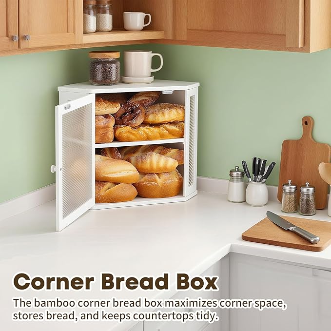 Corner Bread Box for Kitchen Countertop - Bamboo Large Capacity Bread Storage Bin with Acrylic Wavy Door Panel,Bread Box Under Cabinet (White,Medium)