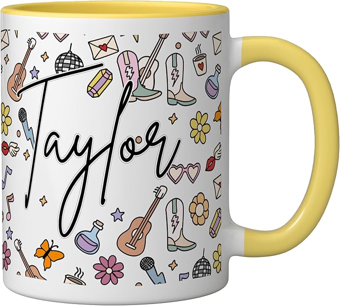 Girl Retro Taylor First Name Coffee Mug for Men Women Ceramic Mug, Yellow/White