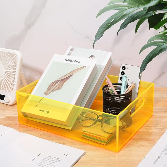 Large Storage Bin Acrylic Pantry Storage Container with Handles Kitchen Organizer Bin for Cabinet Cupboard Organization, Heavy Duty, 15.4 x 11.4 x 5.5'', Neon Yellow