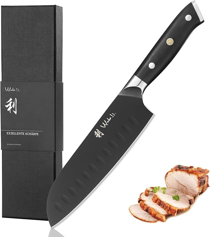 Wakoli Titanium Noir Santoku Knife – 7.1-Inch Professional Chef Knife | 5Cr15MoV Stainless Steel Blade with Black Titanium Coating | Ergonomic G10 Handle | Razor-Sharp Kitchen Knife in Gift Box
