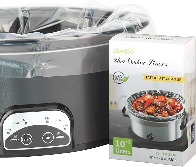 [2 For Free] 12 bags Ebelbo Nylon Pot liners, Slow Cooker Liners 13x21 Inch Large Size Disposable Roaster Cooking, Fit for 3-8QT Oval & Round Pot