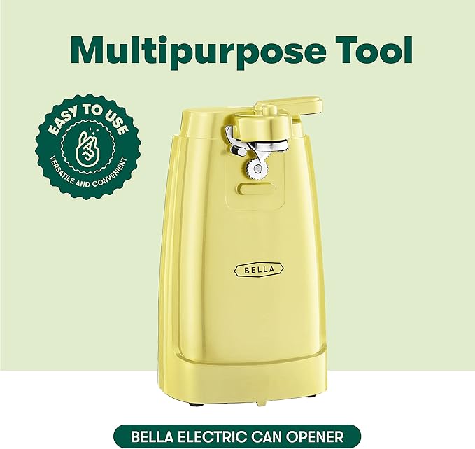 bella Electric Can Opener and Knife Sharpener, Multifunctional Bottle Opener with Removable Cutting Lever and Cord Storage, Stainless Steel Blade, Yellow