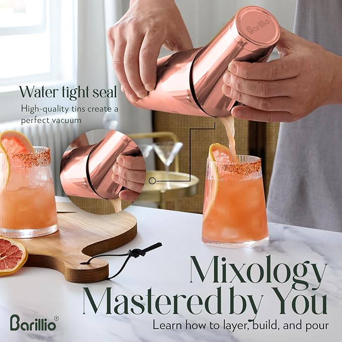 Barillio Rose Gold Boston Shaker Set - Stainless-Steel, Weighted Martini Cocktail Shaker Set w/Strainer & Mixer - Mixology Bartender Kit - Bar Set for The Home - 9-pc Drink Shaker Set - Bar Tools