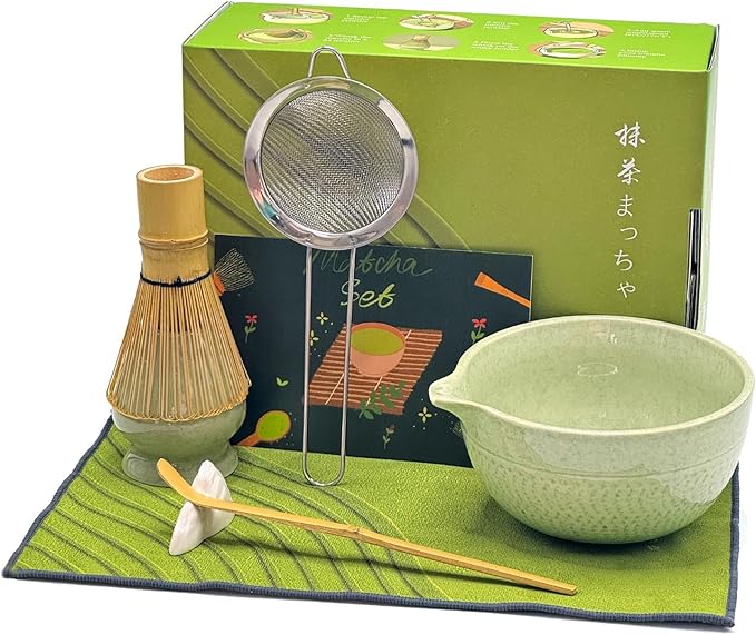 Matcha Whisk Set, 7 Pcs Matcha Set Includes Matcha Bowl with Spout, Bamboo Whisk, Holder, Stainless Sifter, Scoop and Rest, Rest, Tea Towel - Japanese Matcha Kit for Matcha Lovers, Family/Friend