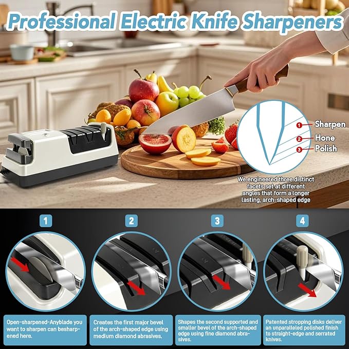 Electric Knife Sharpener 5-in-1 Kitchen Knives Sharpeners with 100% Diamond Abrasives, 3-Speed Variable with LCD Screen for Serrated Lawn Blades Edges, Scissors & Axe, Silvery