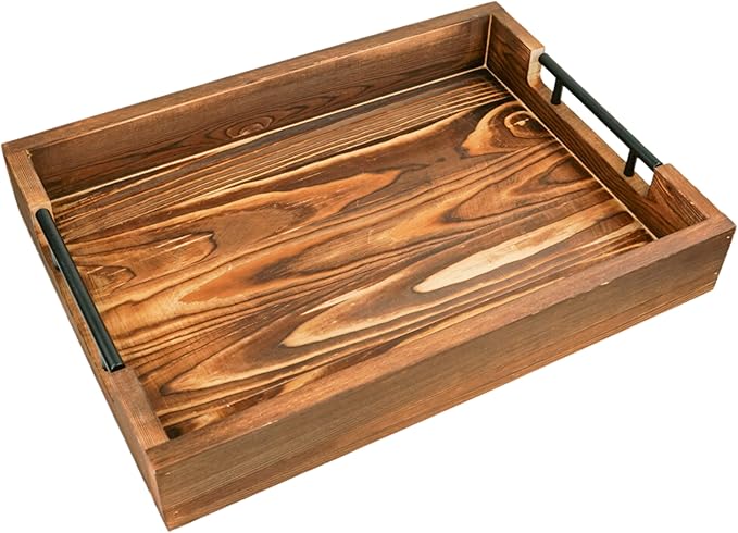 Natural Bamboo Serving Trays Modern Decorative Otman Trays with Metal Handles - Perfect for Living Room, Bedroom, Entryway & Kitchen
