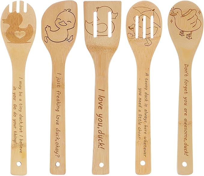 5PCS Duck Wooden Cooking Spoons Set Duck Gifts for Women Kitchen Decor Bamboo Cooking Utensil Spoons for Housewarming Wedding Anniversary Thanksgiving Christmas Gifts Mom Women