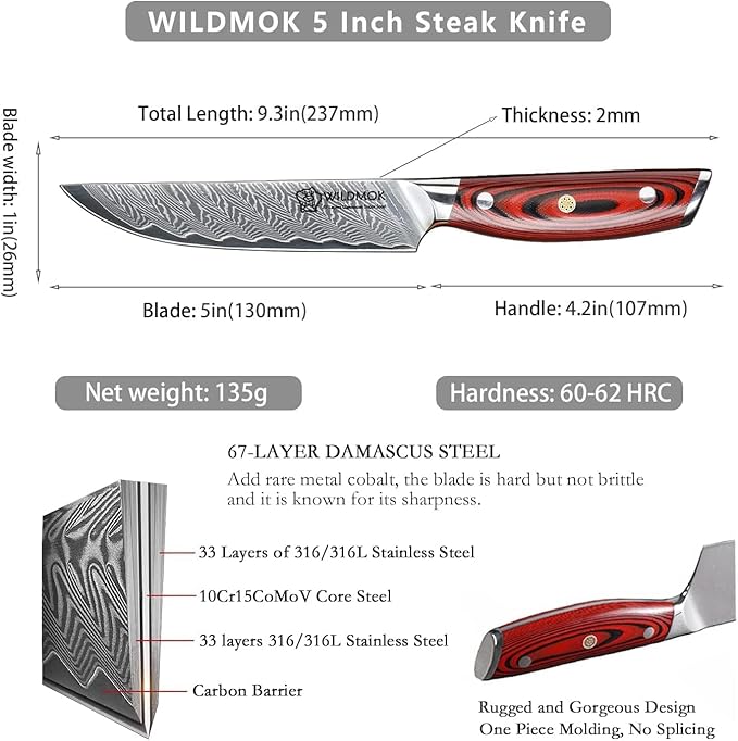 WILDMOK 5 Inch Damascus Steak Knives Set, 4pcs Sharp Professional Steak Kitchen Knives, Japanese Super VG10 Steel Multifunction Kitchen Knife with Full Tang G10 Handle
