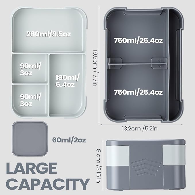 6-compartment Bento Box, 50oz Lunch Container with Utensils & Sauce Cup, Microwave & Dishwasher Safe, Leakproof Lunch Box for Adults Men Women (Gray)