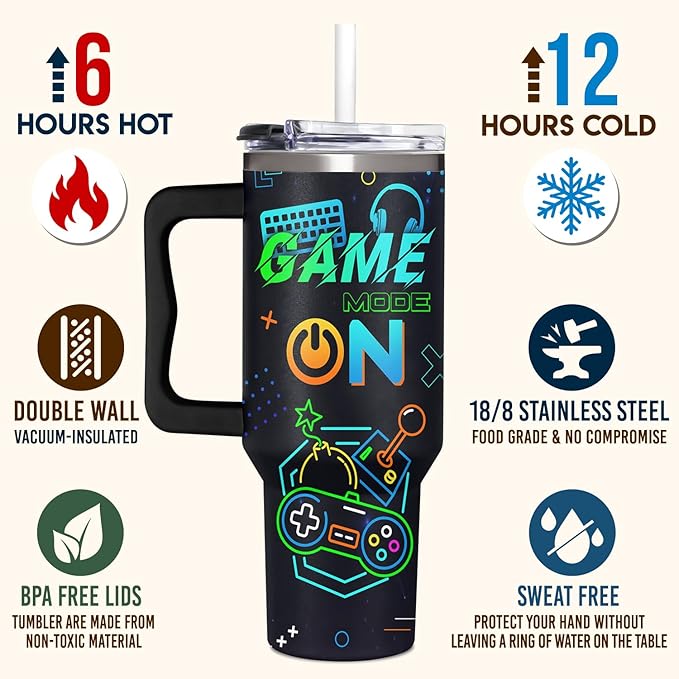 Gamer Gifts for Men from Daughter, Son, Kids, Wife - 40oz Game Tumbler With Handle and straw for Father's Day, Christmas, Birthday, Valentines Day - 40 oz Stainless Steel Tumbler for Gaming Men