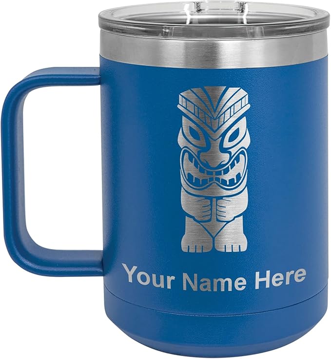 LaserGram 15oz Vacuum Insulated Coffee Mug, Tiki Statue, Personalized Engraving Included (Dark Blue)