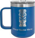 LaserGram 15oz Vacuum Insulated Coffee Mug, Tiki Statue, Personalized Engraving Included (Dark Blue)