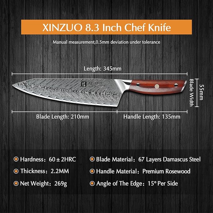 XINZUO Damascus Steel Chef Knife,8.3 Inch Kiritsuke Kitchen Knife Professional High Carbon Steel Forged Gyuto Cooking Knife-Ergonomic Rosewood Handle- Ash Wood Magnetic Knife Sheath-Yi Series