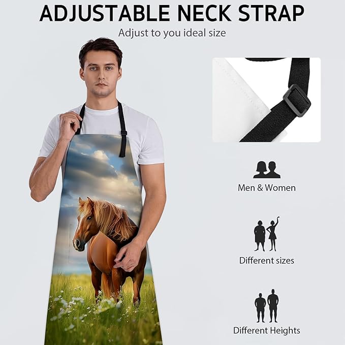 Serene Brown Horse Apron, Adjustable Kitchen Wildflower Design Aprons with Pockets for Cooking BBQ Gardening, 28×33 IN, Holiday Gifts for Women Men Wife, for Chef Baking, Oxford Fabric